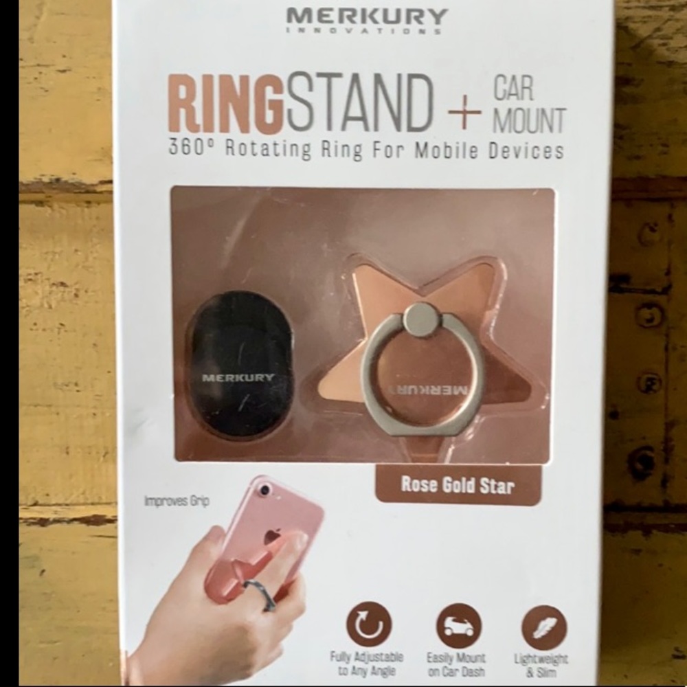NIB MERKURY ROSE GOLD STAR 360° ROTATING RING STAND & MOUNT CELL PHONE ACCESSORY